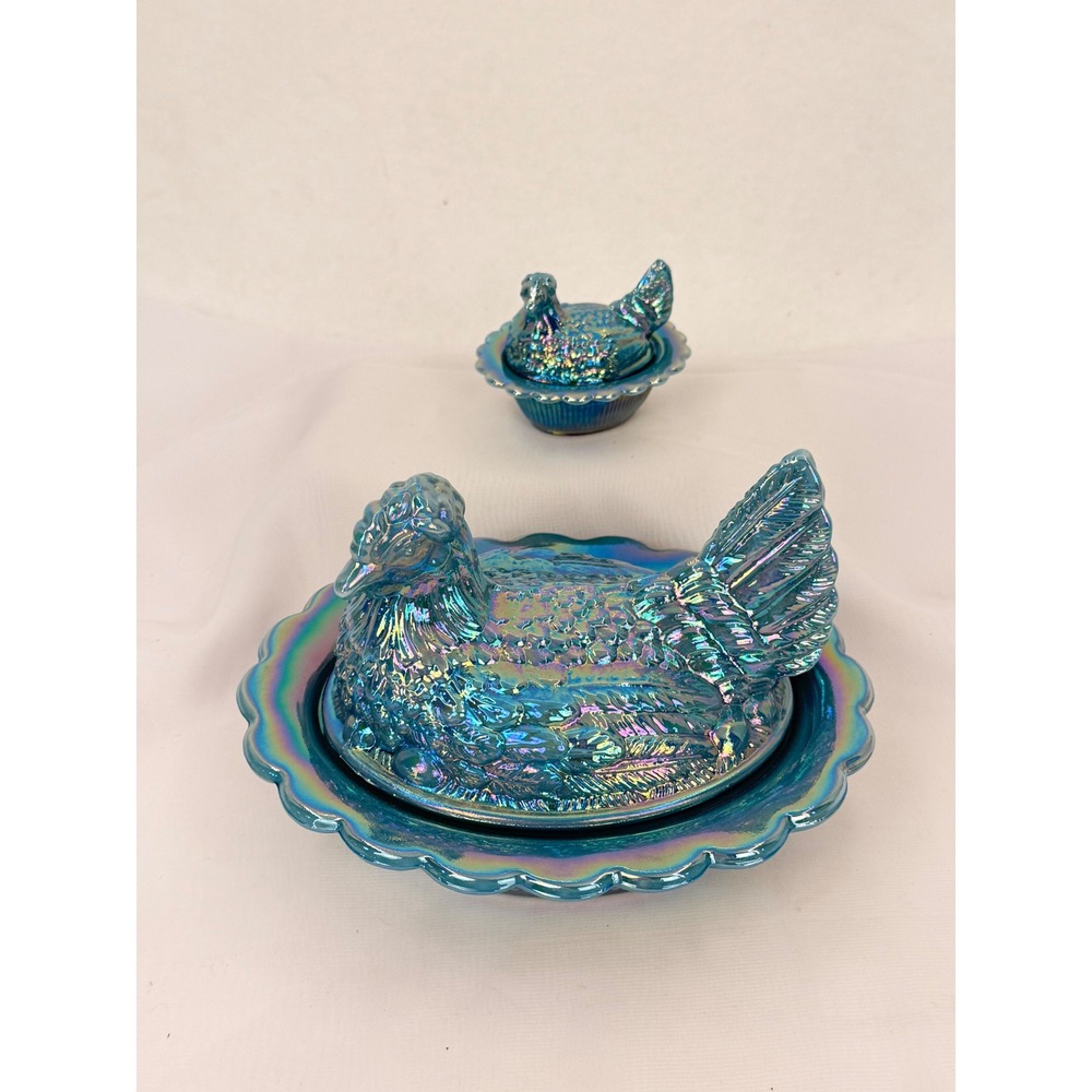 Mosser Georgia Blue Carnival Glass Hen on Nest Set iridescent